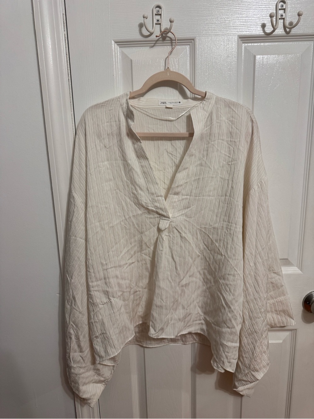Zara Cream Knot-Detail Long-Sleeve Blouse